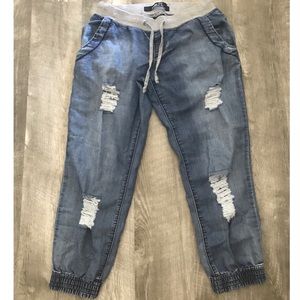 Distressed jean joggers